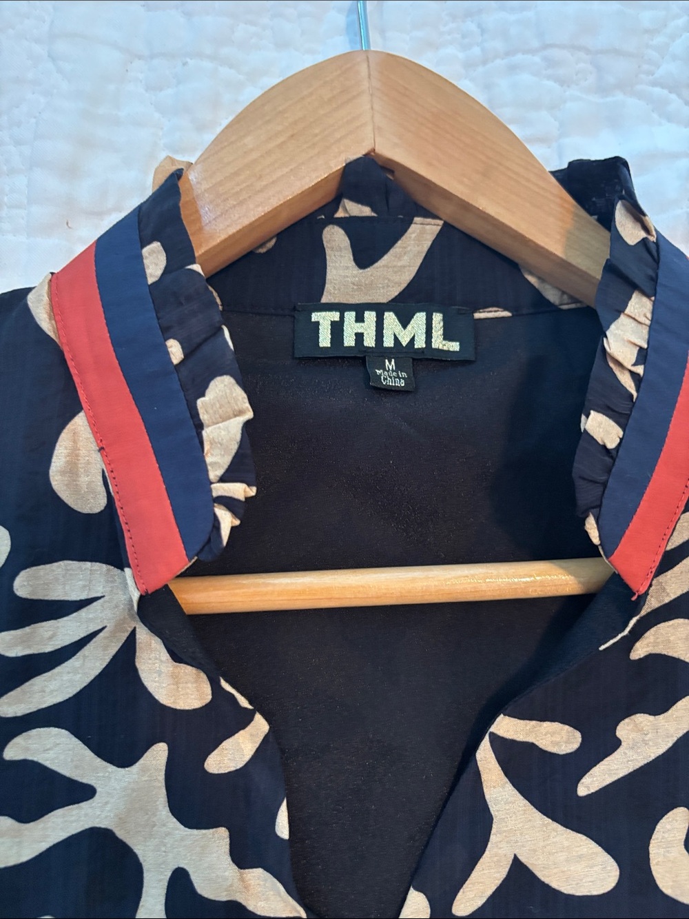 THML Black Blouse with Cream Abstract Print and Red Trim - Picture 3 of 7